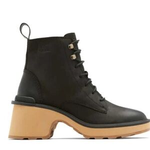 Sorel Hi Line Heel Lace Black Leather Waterproof Boots Bootie Shoes Size 9.5